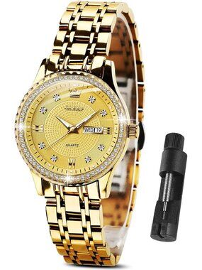 Women's All Gold Diamond Analog Stainless Steel Waterproof Elegant Luxury Watch